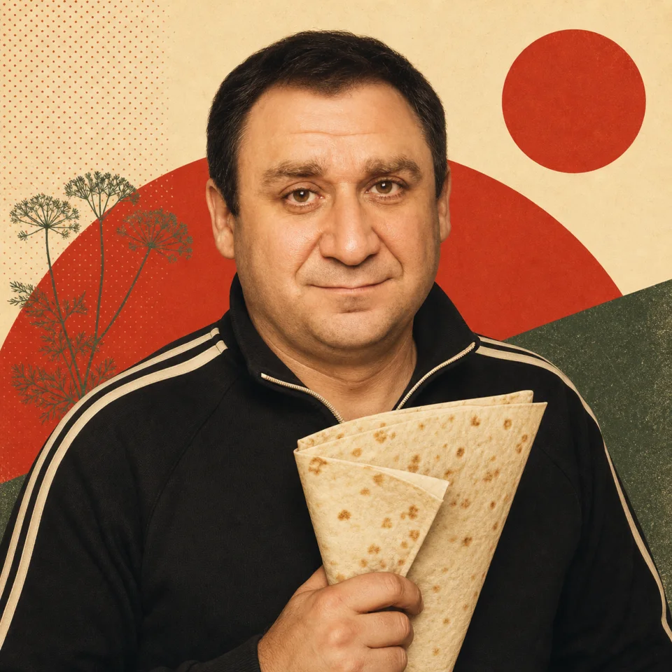 Editorial portrait of Vlad Pogostkin in a logo-free black retro tracksuit holding folded lavash